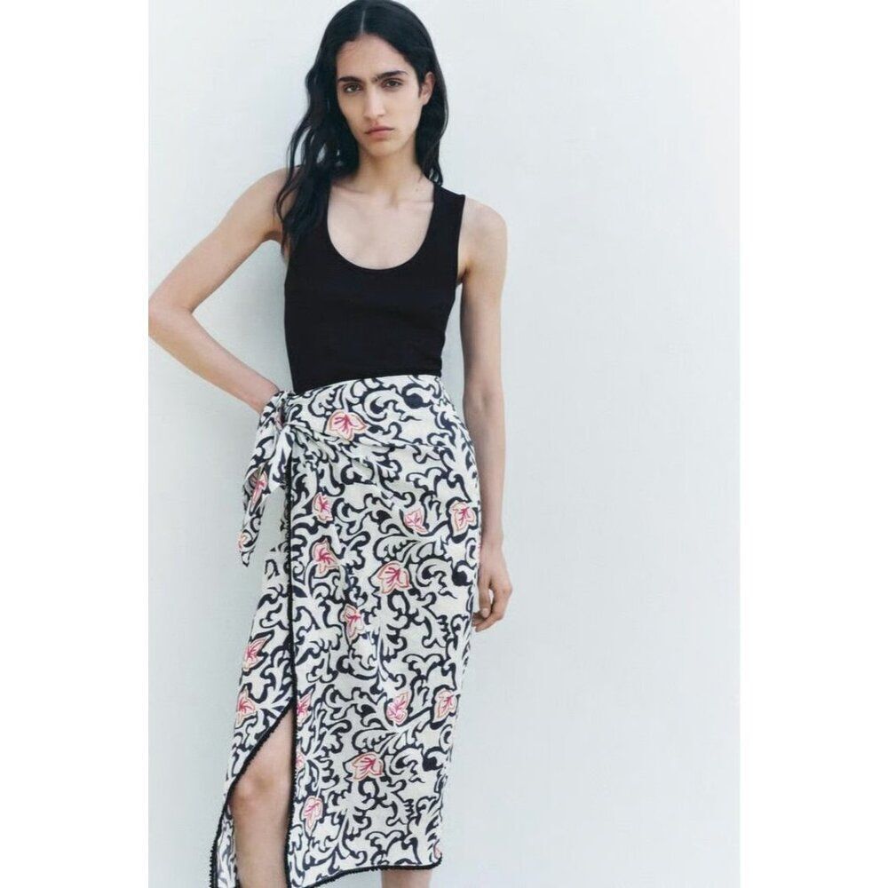 Zara ZW Womens Wrap Pareo Skirt XS Midi Linen Black White 8180/019 NWT